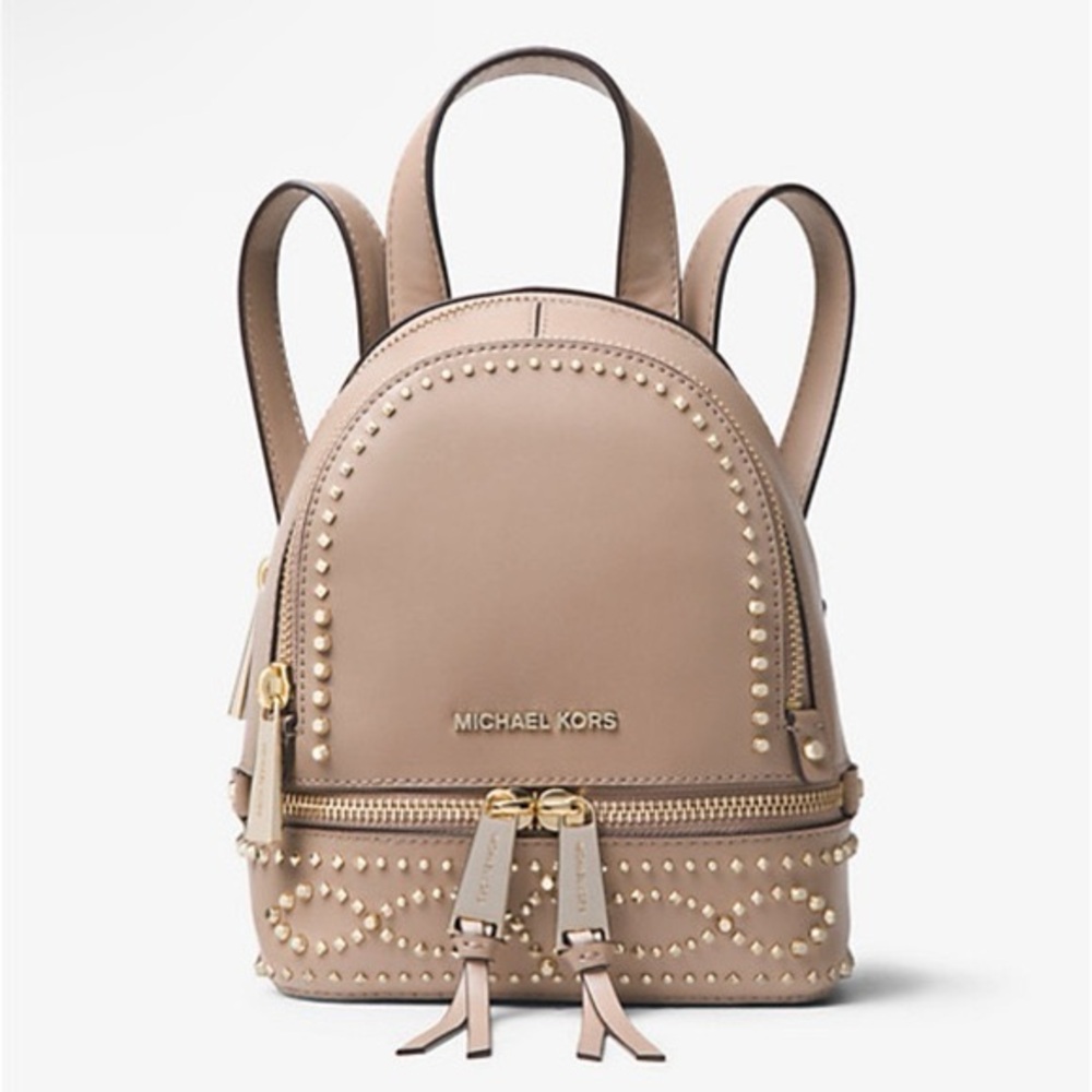 Michael Kors Rhea Studded Leather Mini Backpack in Taupe - Picture 3 of 16
